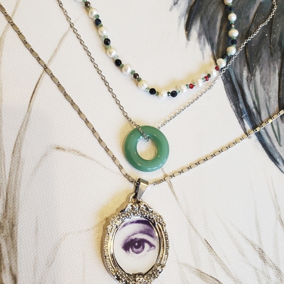 NEW Sterling Silver LAYERING ART Necklace PEARL JADE EMERALD FORNASETTI EVIL EYE - Picture 2 of 5